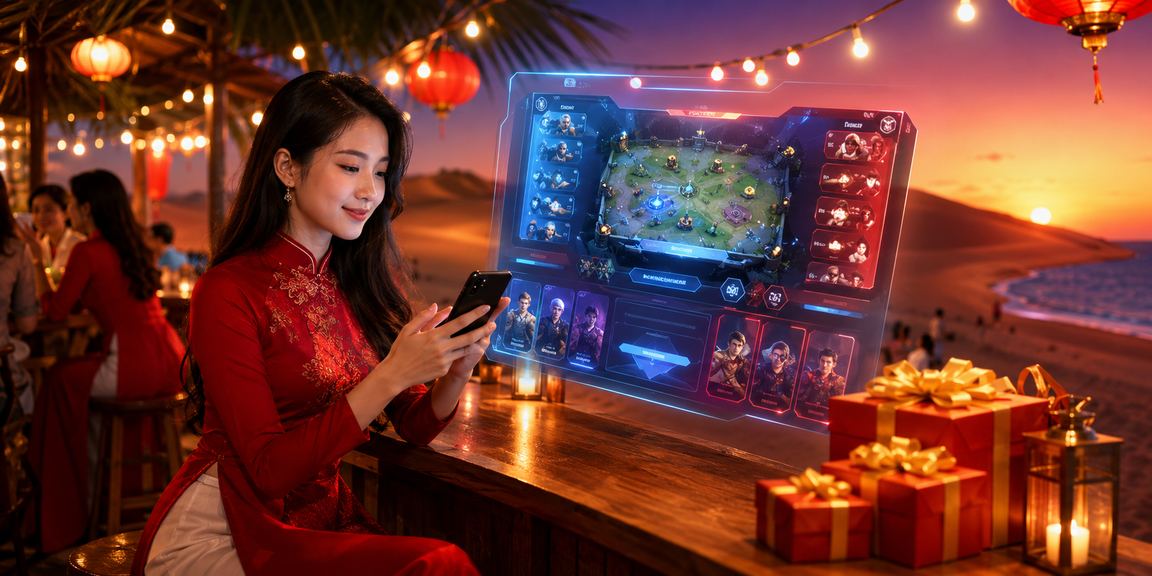 Người mặc áo dài tại Mũi Né sử dụng di động kiểm tra cược esports và voucher ưu đãi